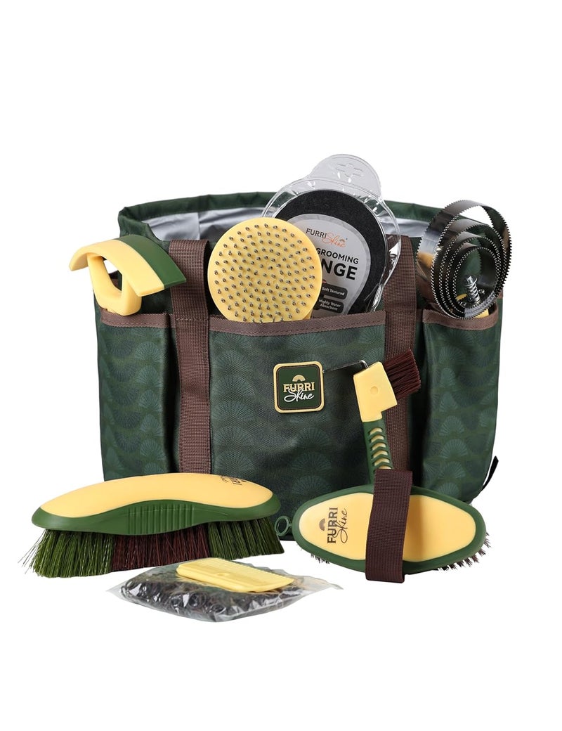 Furrishine 9PCS Horse Grooming Kit Curry Comb Sweat Scraper Horse Bathing Supplies Grooming Tools with Storage Bag Pasture Glow - Image 1